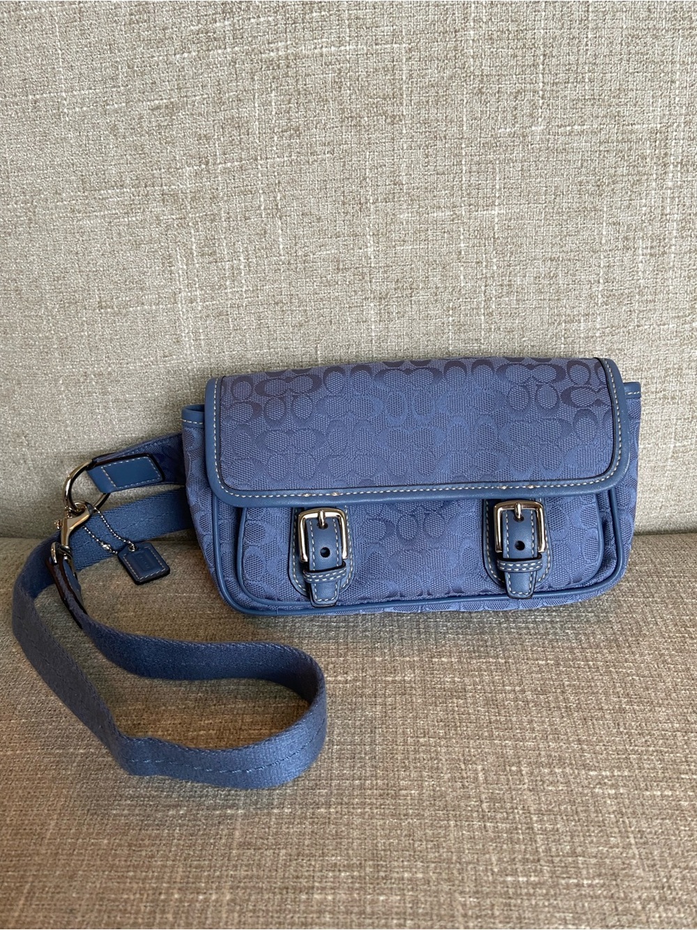 Vtg Y2K COACH Signature Canvas Buckle Waist Pouch F77157 Blue Belt Bag Monogram